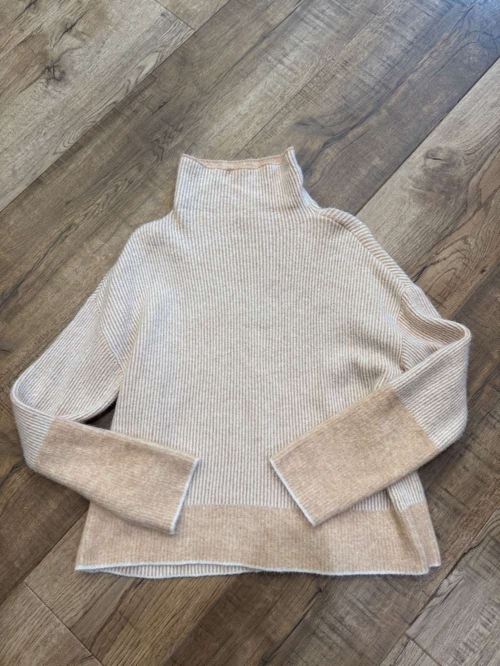 Calvin Klein Jeans Two-Tone Ribbed Turtleneck Sweater in Cream and Tan